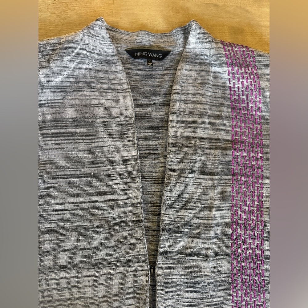 Ming Wang Women's Gray Cardigan with Purple and White Accents - Picture 4 of 10